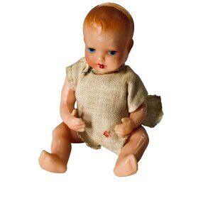 Vintage 4" Italian Celluloid Baby Doll W/ Cloth Outfit - Handmade Details & Wear